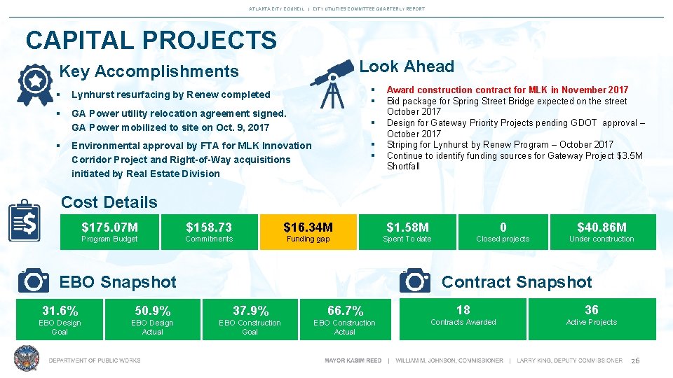 ATLANTA CITY COUNCIL | CITY UTILITIES COMMITTEE QUARTERLY REPORT CAPITAL PROJECTS Look Ahead Key