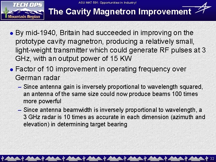 ASU MAT 591: Opportunities in Industry! The Cavity Magnetron Improvement By mid-1940, Britain had