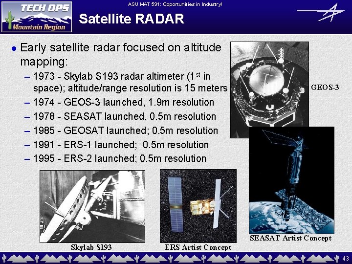 ASU MAT 591: Opportunities in Industry! Satellite RADAR l Early satellite radar focused on