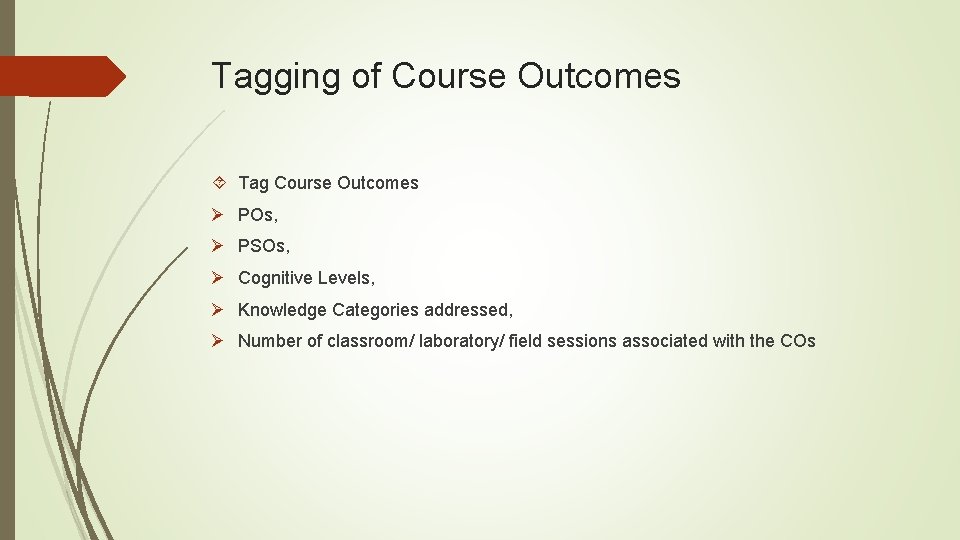 Tagging of Course Outcomes Tag Course Outcomes Ø POs, Ø PSOs, Ø Cognitive Levels,