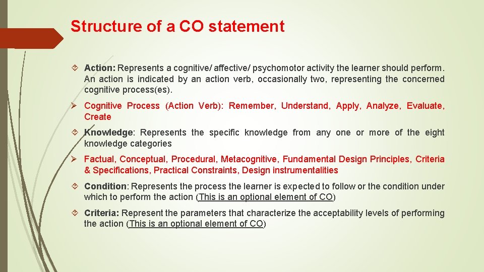 Structure of a CO statement Action: Represents a cognitive/ affective/ psychomotor activity the learner