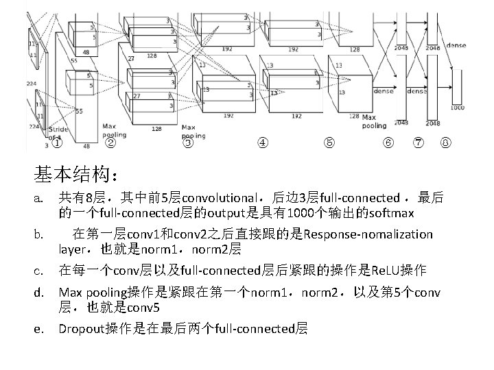 基本结构： a. 共有8层，其中前5层convolutional，后边 3层full-connected ，最后 的一个full-connected层的output是具有1000个输出的softmax b. 在第一层conv 1和conv 2之后直接跟的是Response-nomalization layer，也就是norm 1，norm 2层 c.