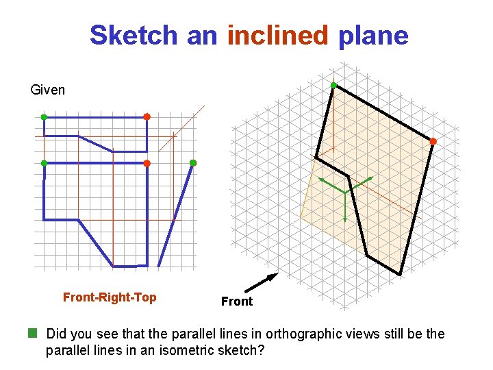 Sketch an inclined plane Given Front-Right-Top Front Did you see that the parallel lines