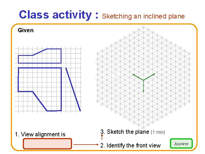 Class activity : Sketching an inclined plane Given Front 1. View alignment is Front-Right-Top