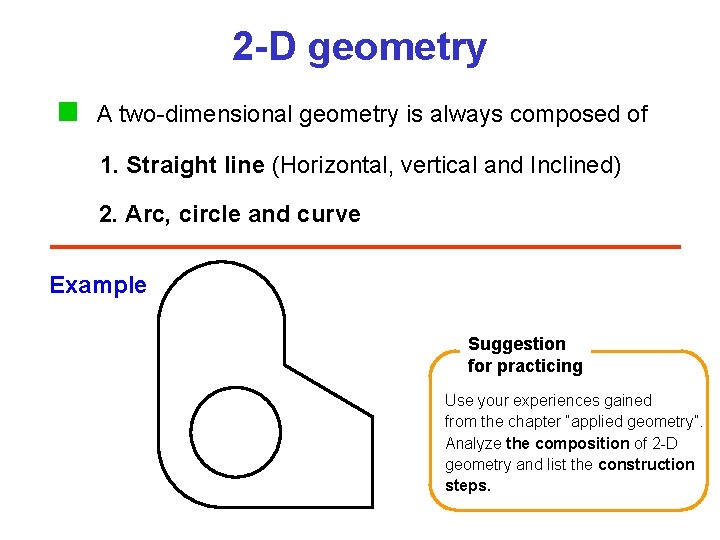 2 -D geometry A two-dimensional geometry is always composed of 1. Straight line (Horizontal,