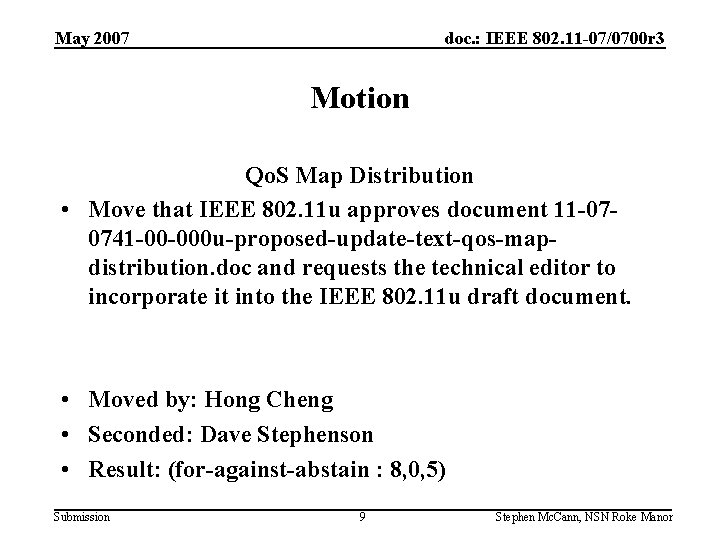 May 2007 doc. : IEEE 802. 11 -07/0700 r 3 Motion Qo. S Map