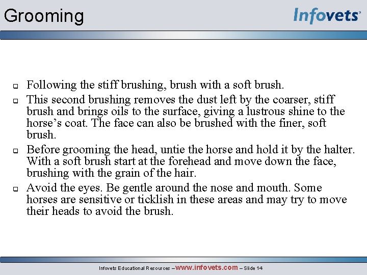 Grooming q q Following the stiff brushing, brush with a soft brush. This second