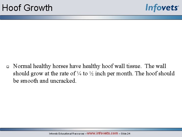 Hoof Growth q Normal healthy horses have healthy hoof wall tissue. The wall should
