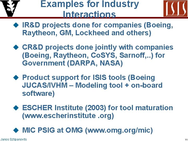 Examples for Industry Interactions u IR&D projects done for companies (Boeing, Raytheon, GM, Lockheed