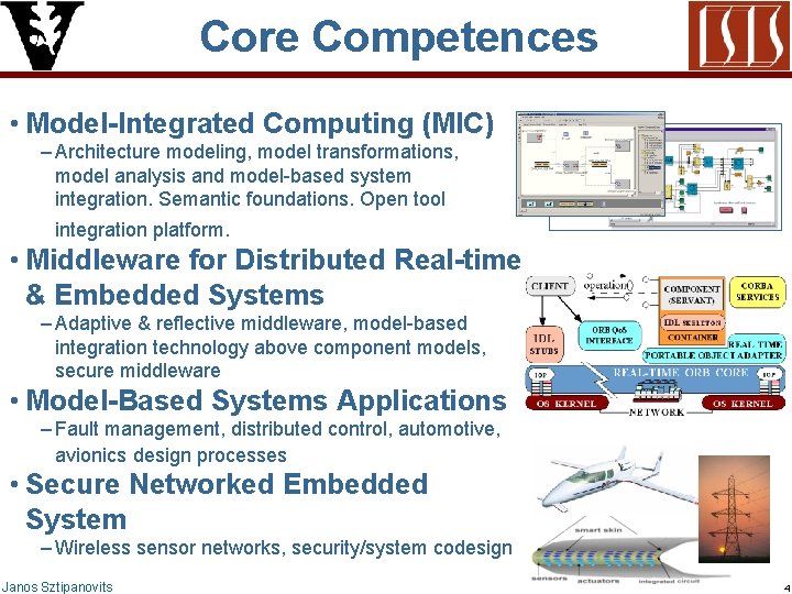 Core Competences • Model-Integrated Computing (MIC) – Architecture modeling, model transformations, model analysis and