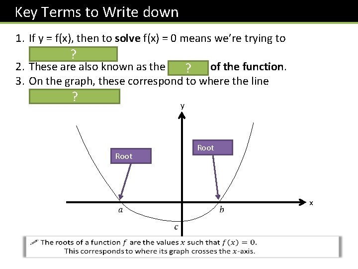 Key Terms to Write down 1. If y = f(x), then to solve f(x)