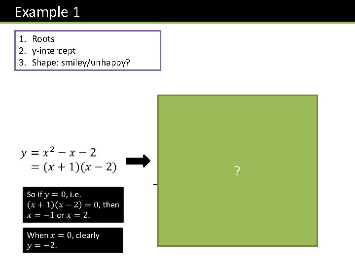 Example 1 1. Roots 2. y-intercept 3. Shape: smiley/unhappy? y ? -1 2 -2