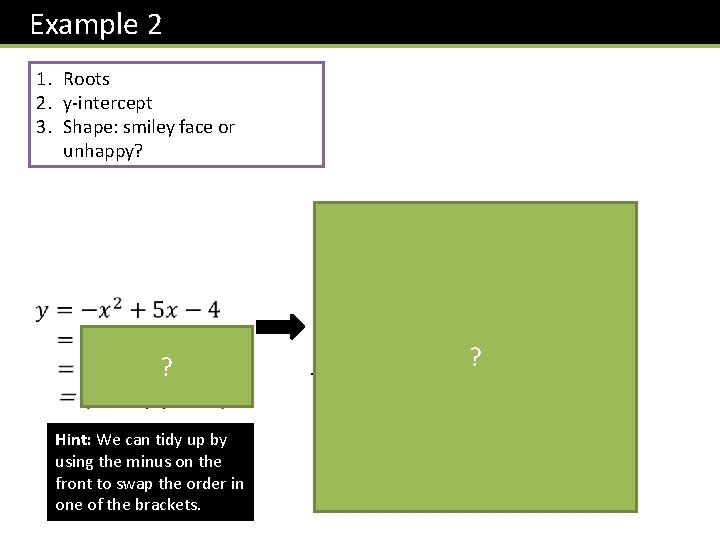 Example 2 1. Roots 2. y-intercept 3. Shape: smiley face or unhappy? y ?