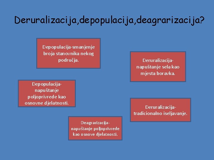 Deruralizacija, depopulacija, deagrarizacija? Depopulacija-smanjenje broja stanovnika nekog područja. Depopulacijanapuštanje poljoprivrede kao osnovne djelatnosti. Deruralizacijanapuštanje