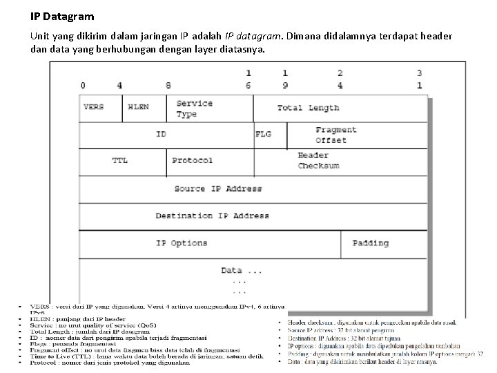 IP Datagram Unit yang dikirim dalam jaringan IP adalah IP datagram. Dimana didalamnya terdapat