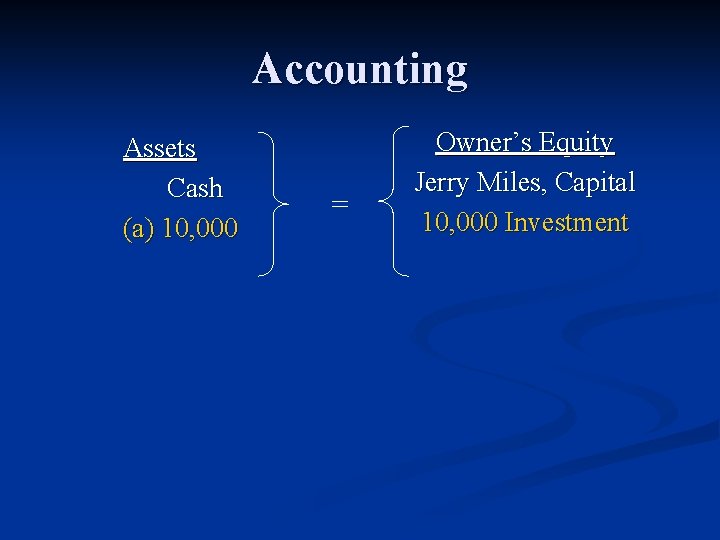 Accounting Assets Cash (a) 10, 000 = Owner’s Equity Jerry Miles, Capital 10, 000
