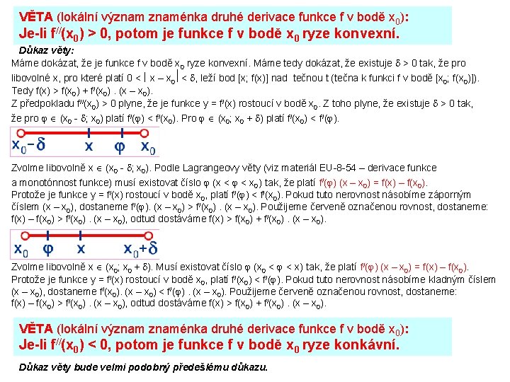 VĚTA (lokální významénka druhé derivace funkce f v bodě x 0): Je-li f//(x 0)