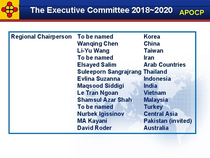 The Executive Committee 2018~2020 APOCP Regional Chairperson To be named Korea Wanqing Chen China