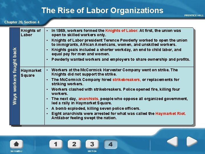 The Rise of Labor Organizations Ways workers fought back Chapter 20, Section 4 Knights