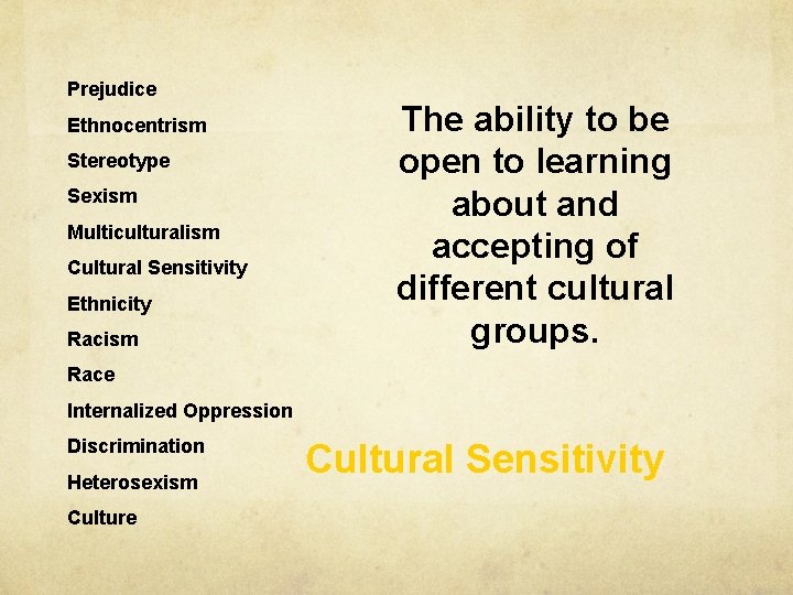 Prejudice Ethnocentrism Stereotype Sexism Multiculturalism Cultural Sensitivity Ethnicity Racism The ability to be open
