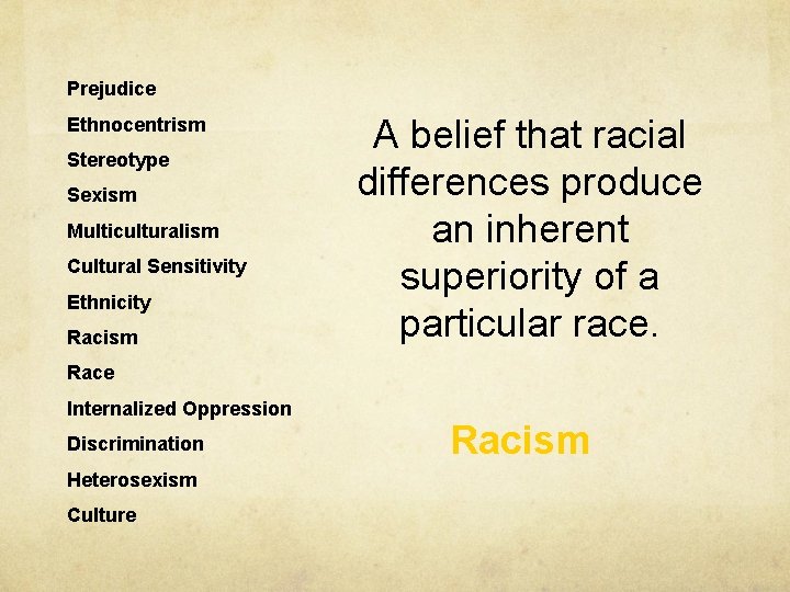 Prejudice Ethnocentrism Stereotype Sexism Multiculturalism Cultural Sensitivity Ethnicity Racism A belief that racial differences