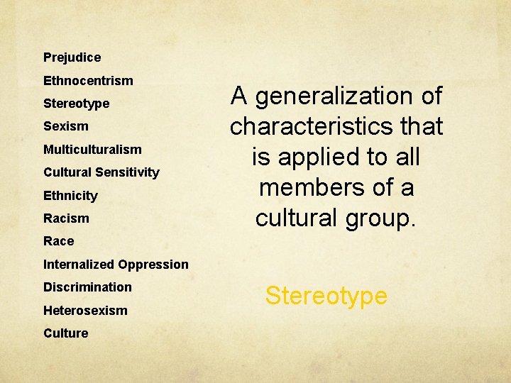 Prejudice Ethnocentrism Stereotype Sexism Multiculturalism Cultural Sensitivity Ethnicity Racism A generalization of characteristics that