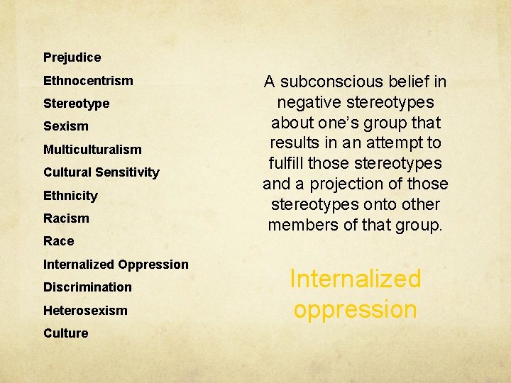 Prejudice Ethnocentrism Stereotype Sexism Multiculturalism Cultural Sensitivity Ethnicity Racism A subconscious belief in negative