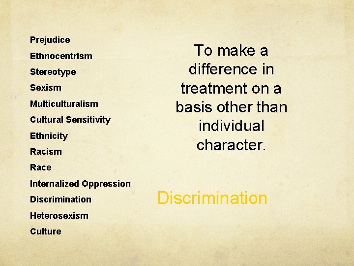 Prejudice Ethnocentrism Stereotype Sexism Multiculturalism Cultural Sensitivity Ethnicity Racism To make a difference in