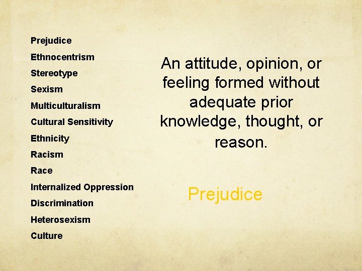 Prejudice Ethnocentrism Stereotype Sexism Multiculturalism Cultural Sensitivity Ethnicity Racism An attitude, opinion, or feeling