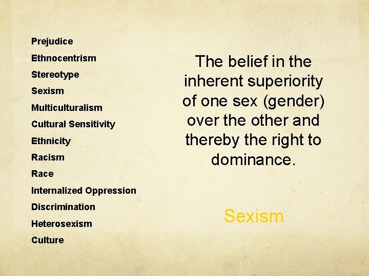 Prejudice Ethnocentrism Stereotype Sexism Multiculturalism Cultural Sensitivity Ethnicity Racism The belief in the inherent