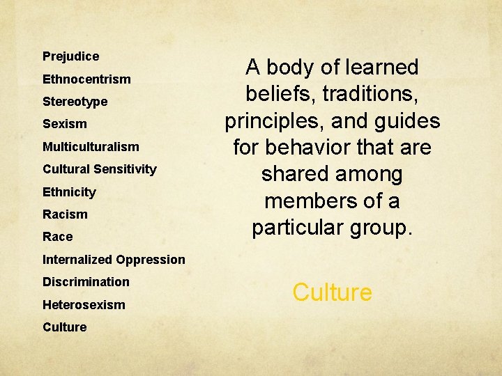 Prejudice Ethnocentrism Stereotype Sexism Multiculturalism Cultural Sensitivity Ethnicity Racism Race A body of learned