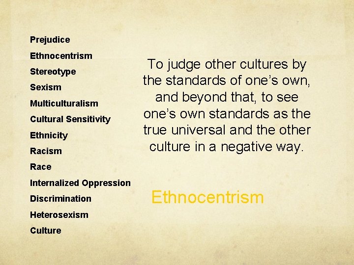 Prejudice Ethnocentrism Stereotype Sexism Multiculturalism Cultural Sensitivity Ethnicity Racism To judge other cultures by