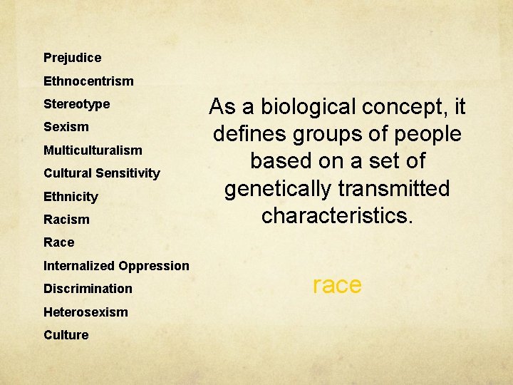 Prejudice Ethnocentrism Stereotype Sexism Multiculturalism Cultural Sensitivity Ethnicity Racism As a biological concept, it