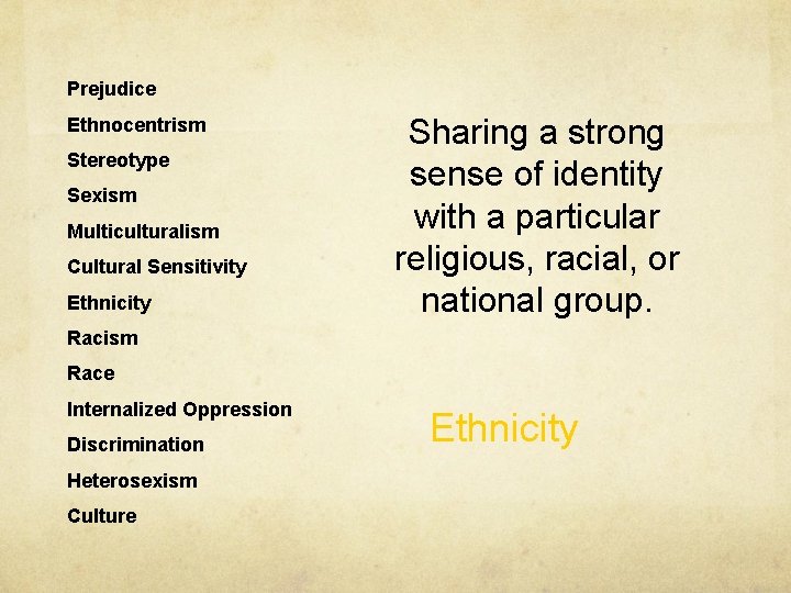 Prejudice Ethnocentrism Stereotype Sexism Multiculturalism Cultural Sensitivity Ethnicity Sharing a strong sense of identity