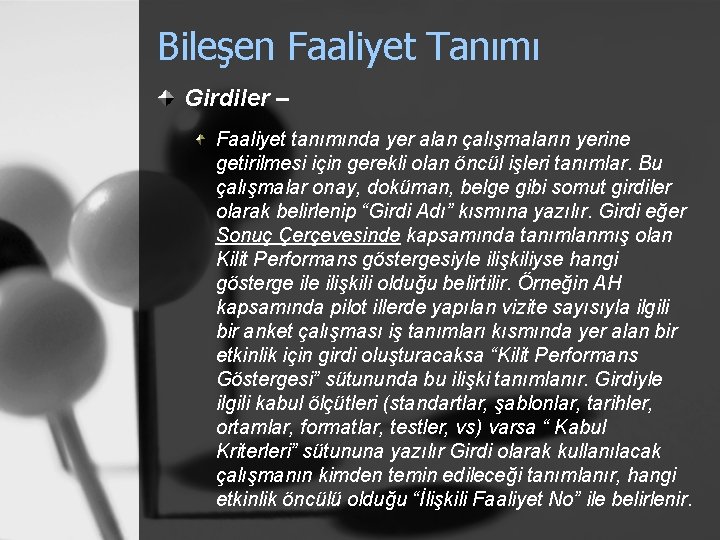 Bileşen Faaliyet Tanımı Girdiler – Faaliyet tanımında yer alan çalışmaların yerine getirilmesi için gerekli