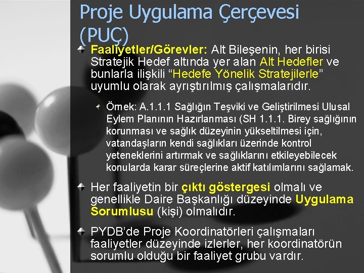 Proje Uygulama Çerçevesi (PUÇ) Faaliyetler/Görevler: Alt Bileşenin, her birisi Stratejik Hedef altında yer alan