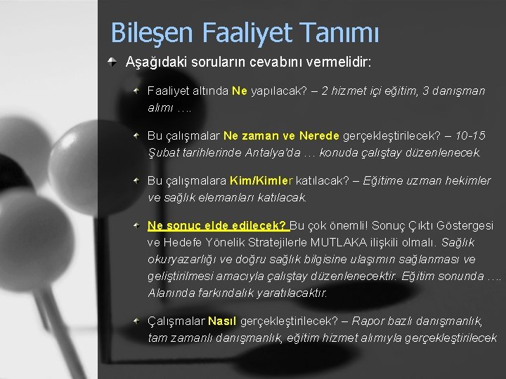 Bileşen Faaliyet Tanımı Aşağıdaki soruların cevabını vermelidir: Faaliyet altında Ne yapılacak? – 2 hizmet