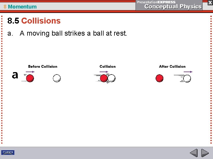 8 Momentum 8. 5 Collisions a. A moving ball strikes a ball at rest. 8 Momentum 8. 5 Collisions a. A moving ball strikes a ball at rest.