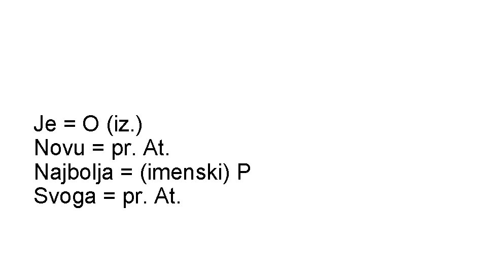 Je = O (iz. ) Novu = pr. At. Najbolja = (imenski) P Svoga