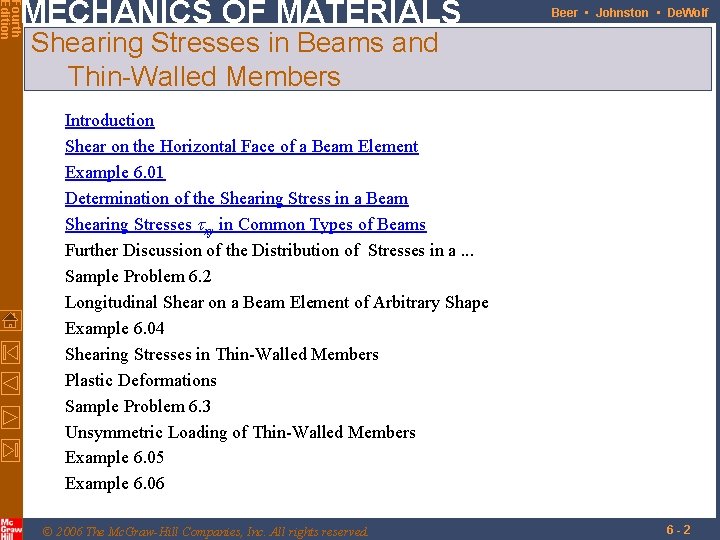 Fourth Edition MECHANICS OF MATERIALS Beer • Johnston • De. Wolf Shearing Stresses in