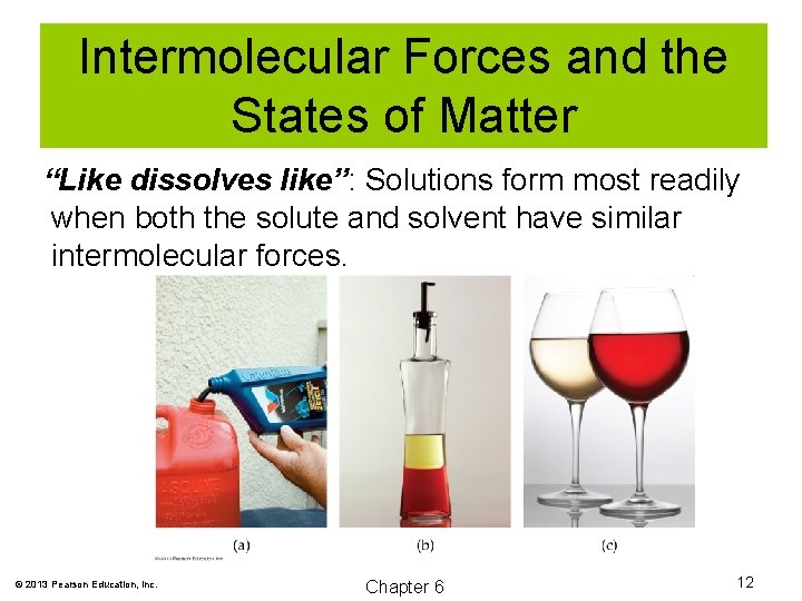 Intermolecular Forces and the States of Matter “Like dissolves like”: Solutions form most readily