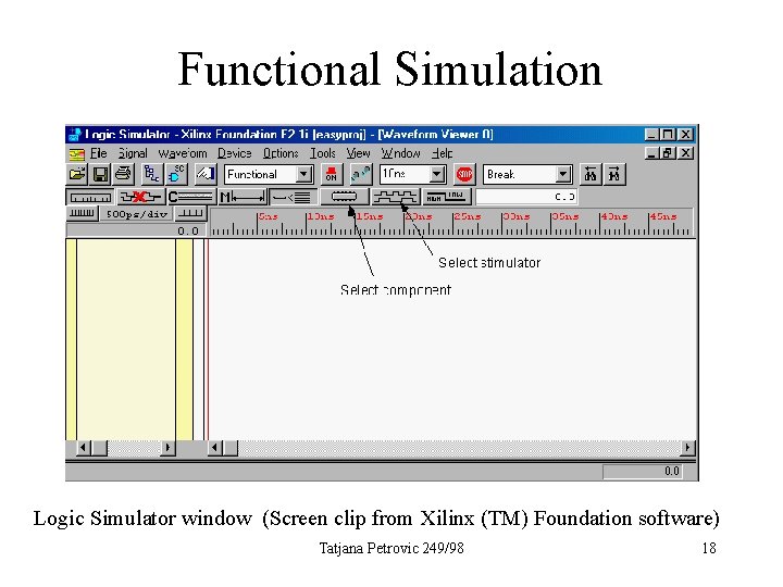 Functional Simulation Logic Simulator window (Screen clip from Xilinx (TM) Foundation software) Tatjana Petrovic