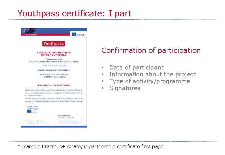 Youthpass certificate: I part Confirmation of participation • • Data of participant Information about