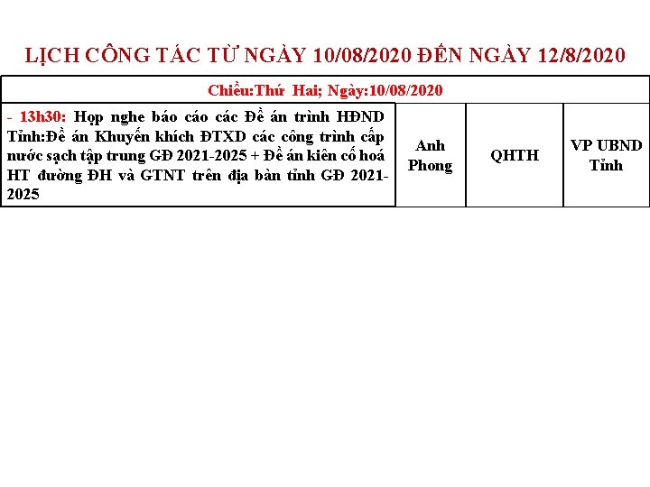 LỊCH CÔNG TÁC TỪ NGÀY 10/08/2020 ĐẾN NGÀY 12/8/2020 Chiều: Thứ Hai; Ngày: 10/08/2020