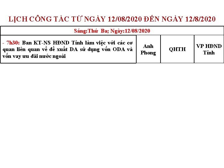 LỊCH CÔNG TÁC TỪ NGÀY 12/08/2020 ĐẾN NGÀY 12/8/2020 Sáng: Thứ Ba; Ngày: 12/08/2020