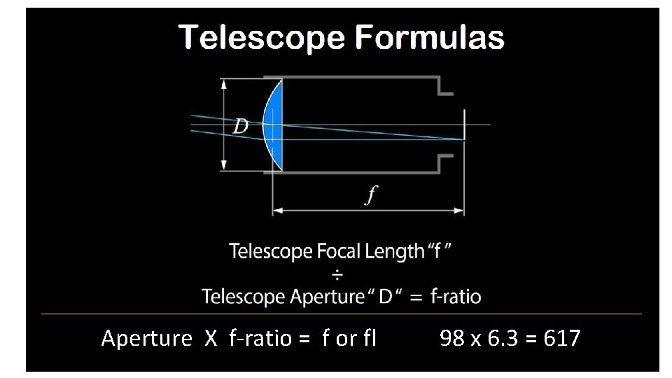 Aperture X f-ratio = f or fl 98 x 6. 3 = 617 