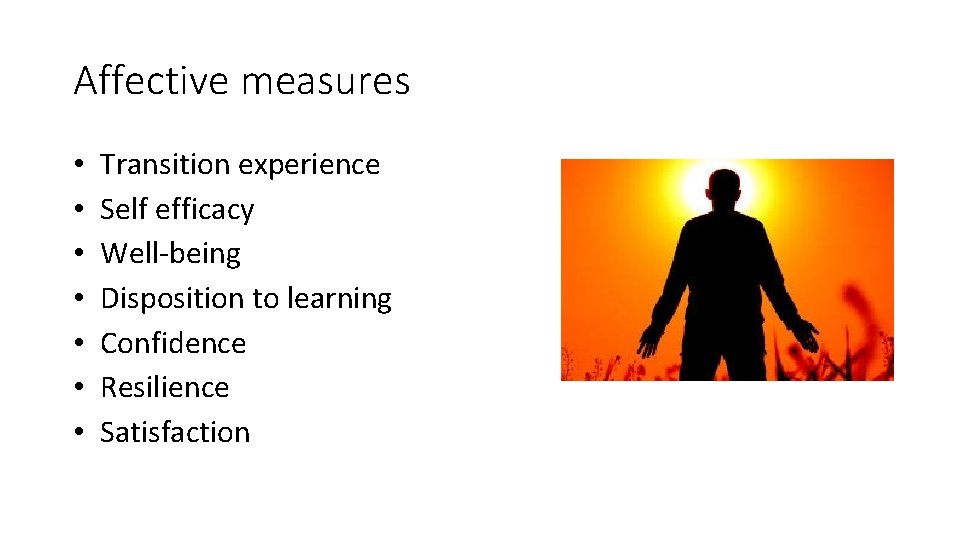 Affective measures • • Transition experience Self efficacy Well-being Disposition to learning Confidence Resilience