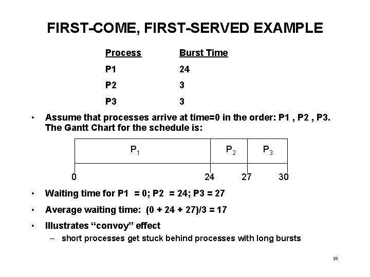 FIRST-COME, FIRST-SERVED EXAMPLE • Process Burst Time P 1 24 P 2 3 P