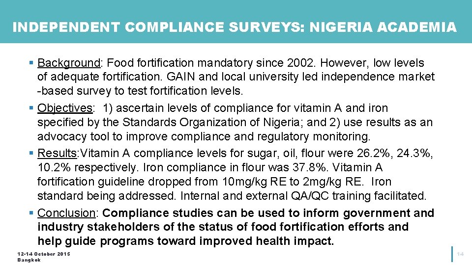 INDEPENDENT COMPLIANCE SURVEYS: NIGERIA ACADEMIA § Background: Food fortification mandatory since 2002. However, low