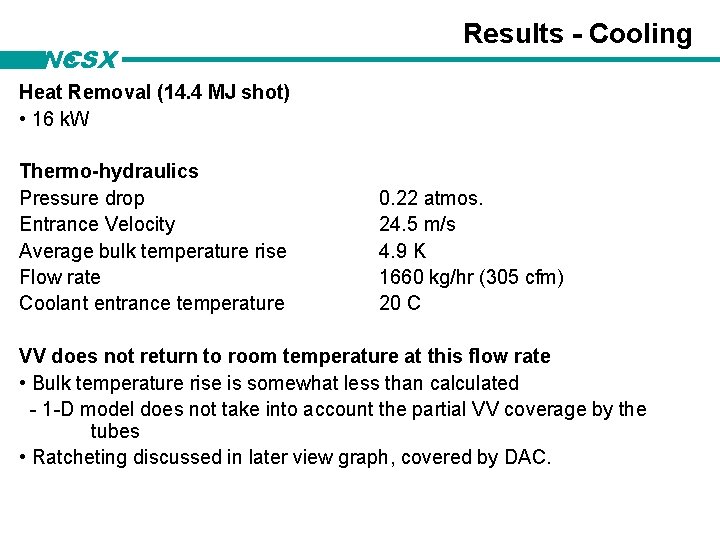 NCSX Results - Cooling Heat Removal (14. 4 MJ shot) • 16 k. W